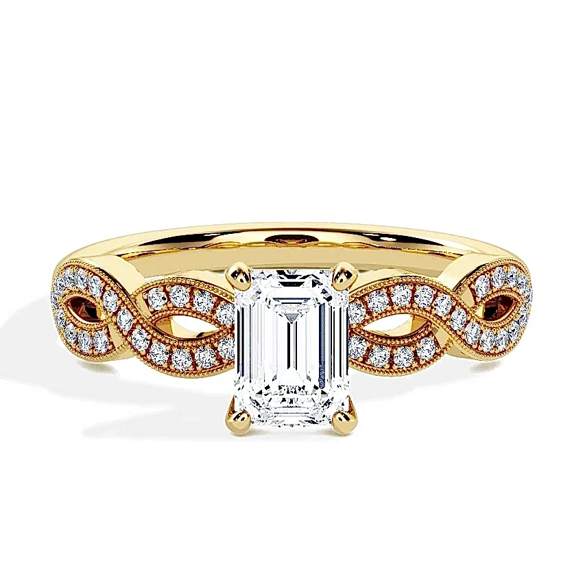 Engagement Ring Yellow Gold - 0.51ct Diamonds - Model N°3020 Emerald, Side-Stone, Pavé